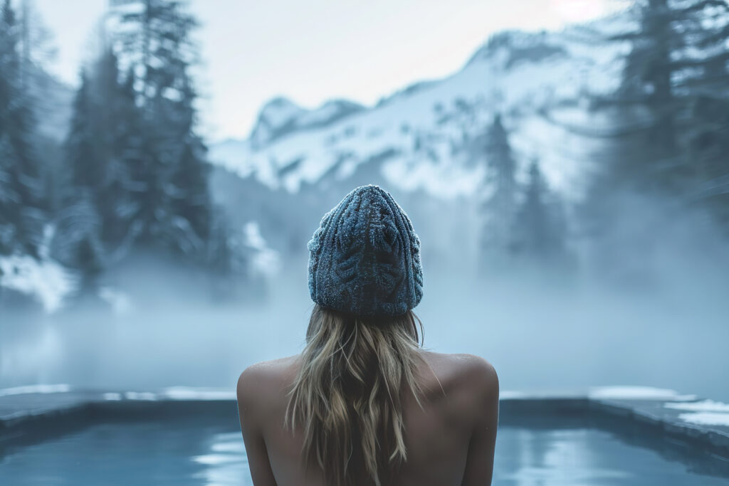 Serene Winter Bliss Woman Soaking in an Outdoor Hot Bath, Immersed in Snowy Mountain Majesty. created with Generative AI